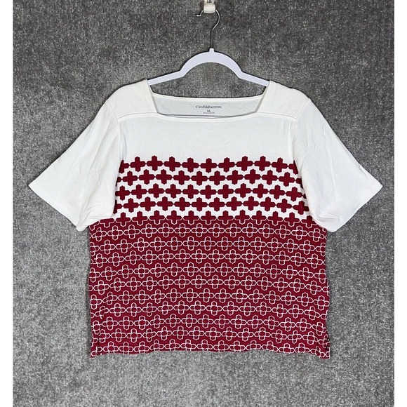 Croft & Barrow Square Neck Geometric Short Sleeve Top Womens Size XL Red White - Picture 1 of 7